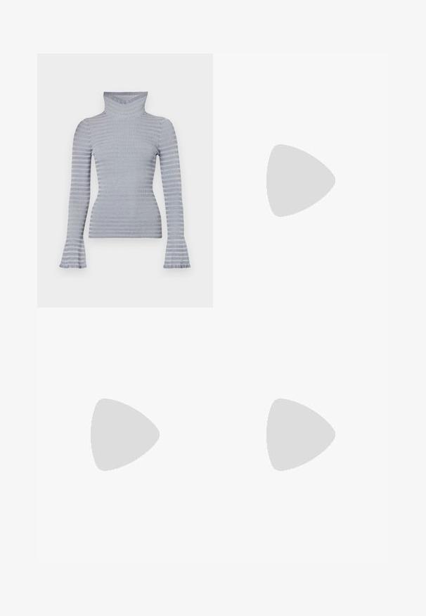 Light grey and white striped ribbed turtleneck sweater with long sleeves and subtle flared cuffs against a white background.; Light blue denim jeans with a loose, straight-leg design. Features whiskering, fading, and distressed details near knees. Classic five-pocket style.; Black high-heeled sandals with a thin strap, thong design, pointed toe, and a sleek, smooth finish. Flat sole with a discreet heel.; Brown crocodile-embossed leather bag with a cylindrical shape, gold-tone hardware, and a detachable strap featuring studs.