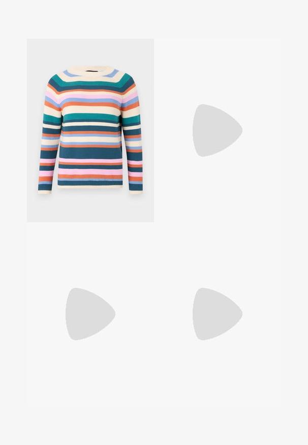 Bawełnowy sweter z okrągłym dekoltem, z poziomymi paskami w kolorach turkusowym, różowym, pomarańczowym, kremowym i niebieskim. Wzorzysty splot z prążkowanymi mankietami.; Dzianinowa biała spódnica midi z fakturowanym wzorem w pionowe linie oraz wycięciami przy dolnej krawędzi. Elastyczny pas. Miękki materiał.; Czarne skórzane baletki z zaokrąglonym noskiem, gładką fakturą, minimalnymi przeszyciami i elastycznym designem podeszwy.; Brązowa skórzana torebka na ramię z klapką, złotymi detalami, paskiem na ramię i gładką teksturą. Kompaktowy prostokątny kształt.