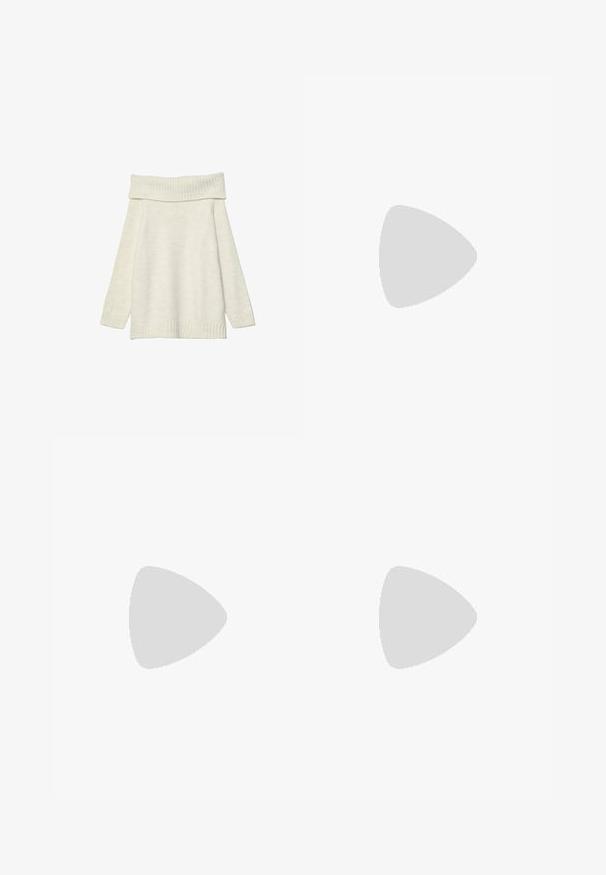 Stradivarius EXPOSED SHOULDER - Maglione - white; Pantaloni neri a gamba larga con cintura elasticizzata, esposti in piano su uno sfondo chiaro.; Stivaletto nero fino alla caviglia in pelle liscia. Presenta una punta quadrata, un bordo elastico e un tacco robusto per la stabilità. Design minimalista.; Borsa a mano in pelle nera con design arricciato, chiusura a doppio cordoncino e tracolla rimovibile. Presenta un dettaglio del logo metallico.