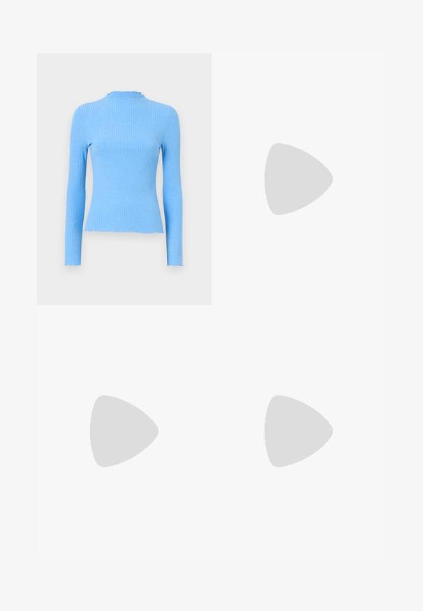 Ribbed long-sleeve top in light blue, fitted design, round collar with scalloped edge, smooth texture, and no visible patterns.; Blue denim jeans with a straight leg design, featuring slight fading, a classic five-pocket layout, and visible stitching details.; Black patent leather slingback heels with a pointed toe and a geometric block heel. Features a sleek, minimal design and smooth texture.; Black leather hobo bag with a smooth texture, curved shape, and single adjustable strap; features a wide opening at the top.
