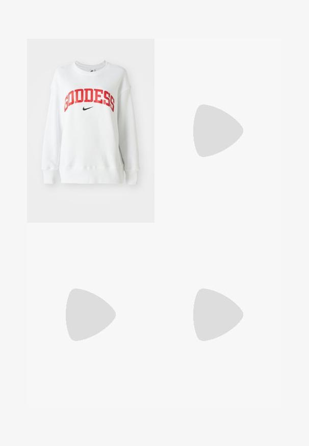 Sudadera blanca con la palabra "GODDESS" en letras rojas en negrita y un pequeño logotipo de Nike en negro. Tiene un cuello redondo y puños y dobladillo de canalé. Textura suave.; Pantalones de pierna ancha en gris claro, confeccionados con una tela suave. Presentan una cinturilla elástica y el logotipo negro de Nike en el lado izquierdo.; Zapatillas altas blancas con una suela gruesa y texturizada, presentando un empeine liso, puntera redonda y cordones en tono similar, sobre un fondo amarillo.; Bolso de mano beige hecho de material suave, con un diseño holgado, detalles cosidos y dos asas. Adecuado para uso diario.