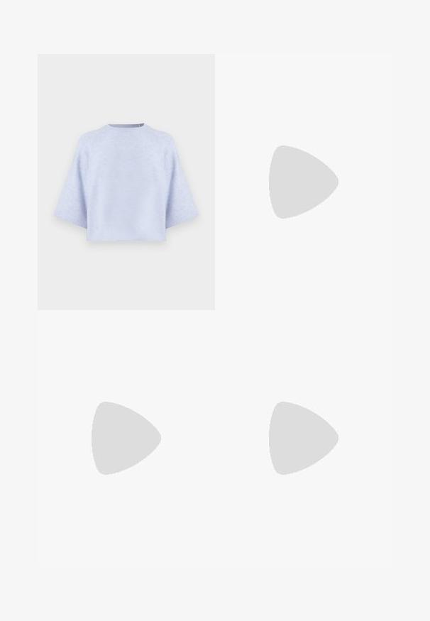 Light blue cropped sweater made of soft fabric. Features wide sleeves, a round neckline, and a relaxed fit. Smooth texture, minimal design.; Blue denim jeans with a straight leg design, featuring slight fading, a classic five-pocket layout, and visible stitching details.; White platform sneakers featuring a smooth leather-like upper, rounded shape, padded collar, and textured rubber sole with defined treads.; Beige handbag made of soft material, featuring a slouchy design, stitched detailing, and two shoulder straps. Suitable for everyday use.