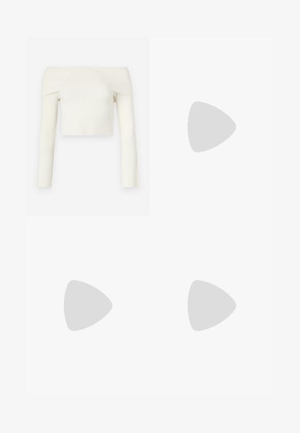 Top court à épaules dénudées en texture côtelée, fabriqué en tissu blanc doux. Présente des manches longues et une coupe ajustée.; Jupe mini en velours côtelé bordeaux avec une forme évasée, dotée de cinq boutons argentés sur le devant et d'une texture côtelée subtile.; Baskets blanches en cuir avec une boîte à orteils perforée, semelle texturée et lacets blancs, associées à un large pantalon rouge et un fond bleu et jaune.; Lunettes de soleil style œil de chat avec une monture en écaille de tortue noire et orange, verres marron et pointes effilées et élégantes. Présente un logo minimaliste sur la branche.