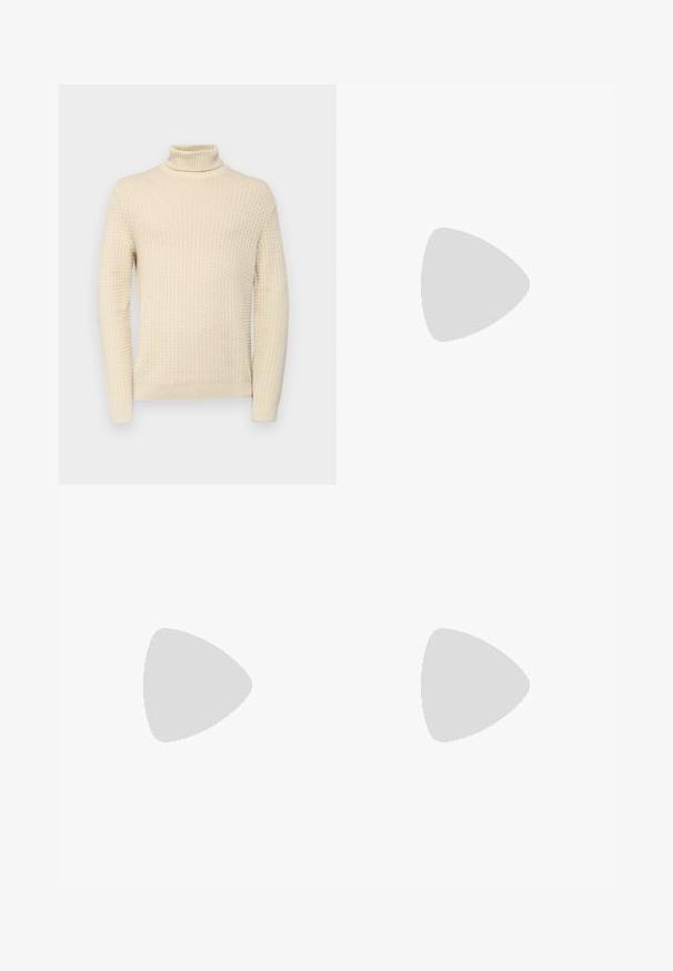 Cream-colored turtleneck sweater with a textured knit pattern, featuring long sleeves and ribbed cuffs and hem.; Blue denim jeans, straight leg design, with visible fading, button and zipper closure, five pockets, and orange stitching accents.; Lacoste sneakers in dark gray with mesh and synthetic material, featuring a textured sole and brown accents on the collar and branding.; BOSS Sunglasses - black