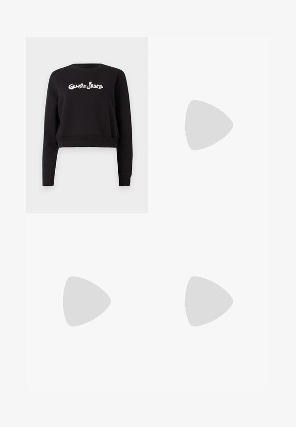 Sweatshirt cropped preto feito de algodão, com mangas longas e decote redondo. A parte da frente exibe a marca "Guess Jeans" em branco.; Saia plissada branca com uma cintura elástica preta que apresenta o logótipo "LACOSTE". Design de comprimento médio com textura suave.; Sapatilhas brancas de couro com uma sola branca espessa, detalhe em camurça preta no calcanhar e logótipo em relevo na lateral. Design com atacadores e seis ilhós.; Óculos de sol oversized pretos com forma geométrica, apresentando lentes escuras e um detalhe cinza em contraste na armação. Logotipo na haste.