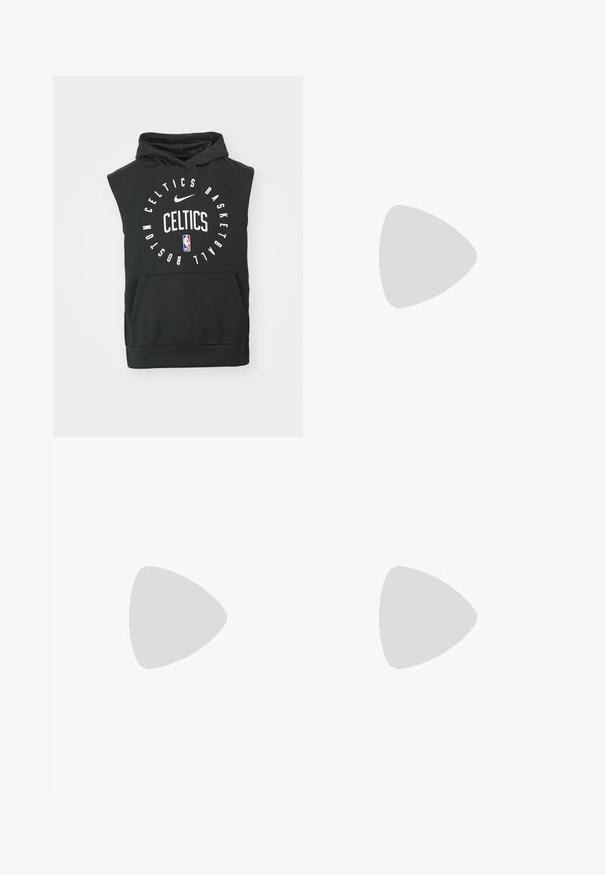 Schwarze ärmellose Kapuzenjacke aus weichem Material mit einer Fronttasche, großem "Celtics"-Logo sowie Nike- und NBA-Branding in Weiß.; Weiße Baumwoll-T-Shirts, kurze Ärmel, Rundhals-Design, schlichte Textur, in einer Reihe gestapelt, mit dezentem Branding am Hals.; Blaue Sport-Hosen mit Kordelzugbund, seitlichen Reißverschlusstaschen, schwarzen Akzenten und Logos: PSG-Emblem und Nike-Swoosh.; Schwarze Ledersneaker mit strukturierten Oberflächen, weißem Nike-Swoosh, grauer Sohle, runder Zehenpartie und Schnürdesign. Verfügt über Perforationen an der Zehenbox.