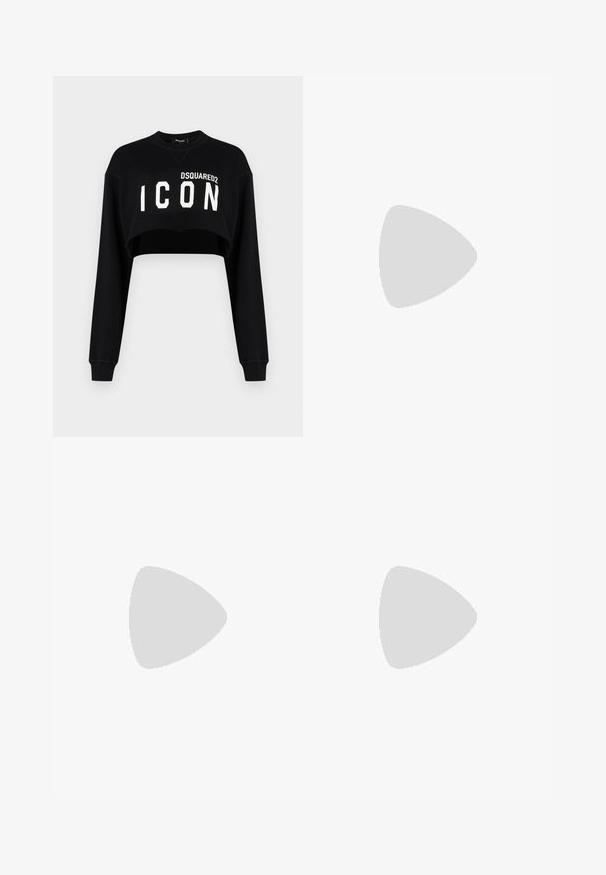 Sudadera corta negra con mangas largas, que presenta "DSQUARED2 ICON" en letra blanca en negrita en la parte frontal. Tejido suave, escote redondo.; Pantalones de chándal rosas con cintura elástica, que presentan parches decorativos en forma de diamante en el lado izquierdo y puños elásticos en los tobillos.; Mocasines beige con patrón grabado, franja de acento roja y tacón negro brillante. Cuenta con una correa con detalle de hebilla. Suela plana negra.; Bolso de mano de cuero negro con un diseño curvado, que cuenta con tachuelas plateadas, una hebilla y dos bolsillos laterales. Correa ajustable para opciones de transporte.