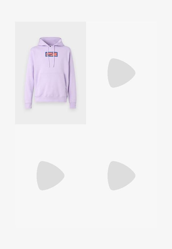 Lavender hoodie with drawstrings, kangaroo pocket, and a colorful graphic logo displayed within a rectangle on the chest. Soft texture.; Gray sweatpants made of soft fabric, featuring an elastic waistband with a drawstring, straight legs, and a small logo on the side.; White Nike Air Max 90 sneakers feature a smooth leather and mesh upper, perforated detailing, cushioned sole, and visible air unit for comfort.; Black sunglasses with a matte finish, rectangular lenses, slight curve on temples, subtle logo detail, and smoke-tinted lenses.