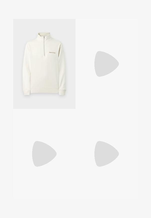 Lyscreme sweatshirt med halv-zip krave, prydet med broderet tekst på brystet. Simpelt, rent design mod en ensfarvet baggrund.; Hvid bomulds t-shirt med korte ærmer, rund halsudskæring, afslappet pasform, og ingen synlige logoer eller mønstre. Glat tekstur og minimalistisk design.; Lysblå denim cargo bukser med en afslappet pasform, der har sideløkker til tilkobling og frontlommer, og viser en falmet tekstur.; Sorte læder loafers med et strømlinet design, rund tå, syninger og en lav blokhæl. Glat tekstur og minimale detaljer.