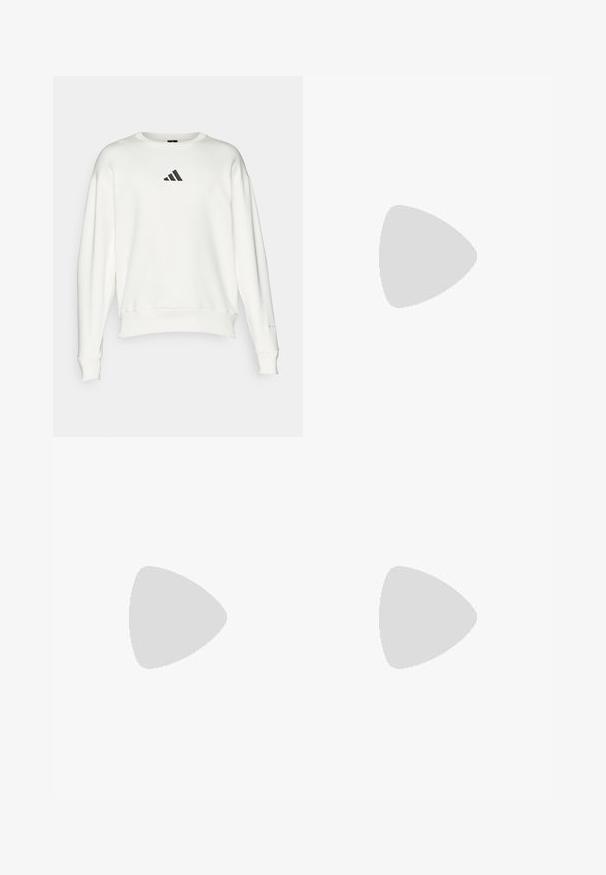 Sweatshirt branco feito de algodão, com decote redondo, punhos largos e um pequeno logótipo preto da Adidas no peito.; Camiseta atlética branca de mangas curtas, feita de tecido que absorve a humidade. Apresenta um logótipo preto no lado esquerdo do peito e um decote interior com padrão.; Calças de treino pretas com um cós elástico, riscas laterais brancas e um pequeno logotipo branco na coxa. Feitas de um material leve e suave.; Tenis negros desportivos com um superior em malha texturizada, riscas brancas de destaque, sola acolchoada e um calcanhar reforçado para suporte.