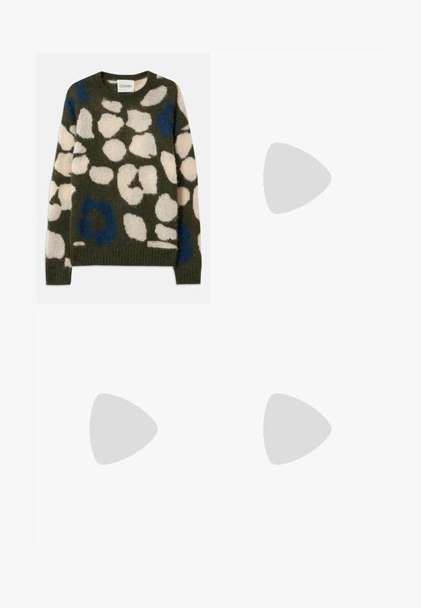 Knit sweater in olive green with white and blue abstract spots. Features a round neckline and ribbed cuffs and hem. Soft, textured fabric.; Blue denim jeans with a straight-leg cut, featuring a button closure, belt loops, and subtle fading on the thighs.; Navy blue suede low-top sneaker with white sole, navy laces, and "Filling Pieces" logo in gold on the side.; Multicolored beaded necklace with dark blue, red, and yellow beads, interspersed with silver accents and a dangling charm.
