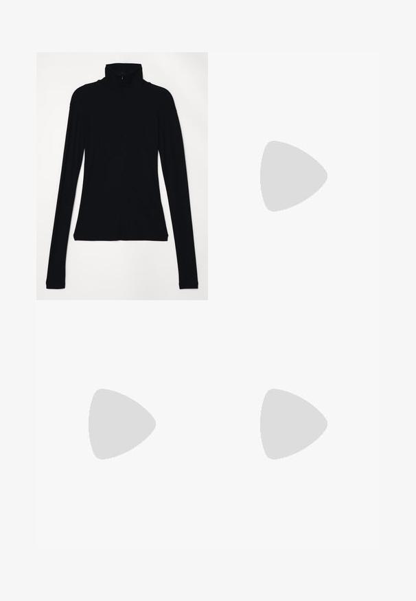 Musta pitkähihainen poolopaita, jossa on istuva siluetti, pehmeä rakenne, korkea kaula-aukko ja etuvetoketjuyksityiskohta.; Siniset farkut leveällä lahkeella ja korkealla vyötäröllä, jossa on nappikiinnitys, vyölenkit sekä huomaamattomat tikkaus yksityiskohdat taskuissa ja lahkeissa.; Hopeaken hopeapain sukka, jossa on ristikkäiset hihnat, läpinäkyvät yksityiskohdat ja tyylikäs, kapea varvastyökalu. Säädettävä nilkkahihna.; Kultakuvioiset korvakorut esittävät epäsäännöllisiä teksturoituja muotoja, joita koristavat vihreät kivet ja valkoiset helmet. Ne on varustettu klipsikiinnityksillä.