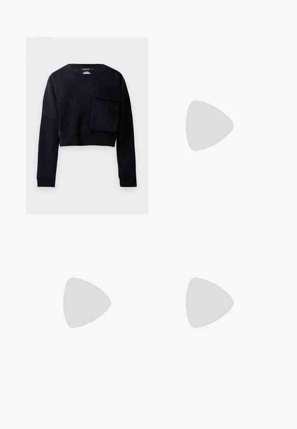 Black cropped sweatshirt with long sleeves, textured fabric, and a large decorative pocket on the front. Features a round neck and ribbed cuffs.; Black faux leather pants with a wide-leg cut, featuring white stitching, front pockets, and a gold button at the waistband.; Black leather ballet flat with a rounded toe, smooth texture, minimal stitching detail, and a flexible sole design.; Brown leather handbag with a flap closure, gold-tone hardware, a shoulder strap, and a smooth texture. Compact rectangular shape.
