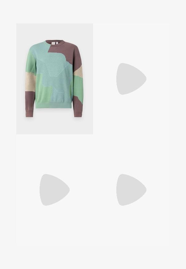 Knitted sweater featuring a geometric patchwork design in mint green, brown, and beige. Round neckline and long sleeves. Textured surface.; Dark navy trousers made of soft fabric with a pleated front design and elastic waistband. Features a button closure and straight-leg cut.; Light beige leather sneakers with flat laces, a textured surface, and a contrasting cream-colored rubber sole, paired with black tapered pants.; Black leather briefcase with dual top handles, a front pocket, and a detachable strap, featuring subtle branding at the bottom.