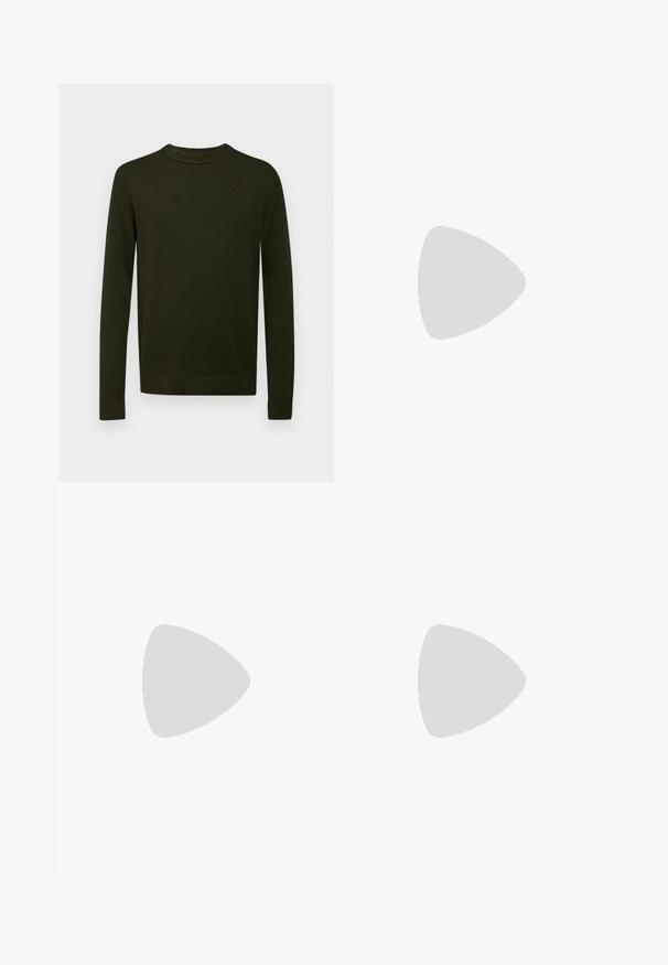 Dark green knitted sweater with a crew neckline, long sleeves, and ribbed cuffs. Simple, solid pattern without additional embellishments.; Three crew-neck t-shirts in black, white, and grey colors. Each is made of soft cotton with short sleeves and a small logo on the black shirt.; Black denim jeans with a straight-leg design, featuring a button closure, five pockets, and minimal stitching for a clean look.; Black leather lace-up shoe with a rounded toe, smooth texture, minimal stitching, and a low rubber heel. Logo on the heel.