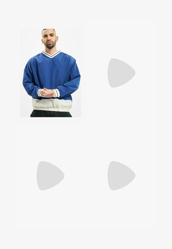 Blue pullover jacket with a V-neck, featuring white striped collar and cuffs, elastic waistband, and contrasting white lower section.; Black cotton t-shirt with short sleeves, round neck, and a relaxed fit. Smooth texture and minimalistic design, no patterns or accents.; Black wide-leg trousers with a pleated front, side pockets, and a smooth fabric texture. Designed for a relaxed fit.; Black leather ankle boots with a tapered toe and low block heel. Sleek design with a smooth texture and pull tab for easy wear.; Black sunglasses with square frames, dark lenses, and smooth plastic material. Features small, round accents on the front and slender arms.