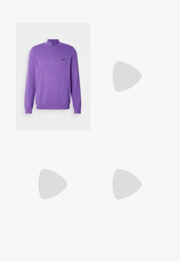 Sweater roxo com fecho de correr no pescoço, feito de um tecido suave. Apresenta mangas compridas, detalhes canelados e um logótipo preto "BOSS" no peito.; T-shirt preto de mangas curtas feito de algodão, com decote redondo e uma marcação discreta na gola. Textura suave com um corte descontraído.; Jeans pretos slim-fit com cinco bolsos, fecho de botão e passantes para cinto, exibidos contra um fundo branco.; Sapatilhas de cor creme com uma textura suave, apresentando detalhes e marcação em preto. Design clássico com atacadores e bico redondo, e sola de borracha.