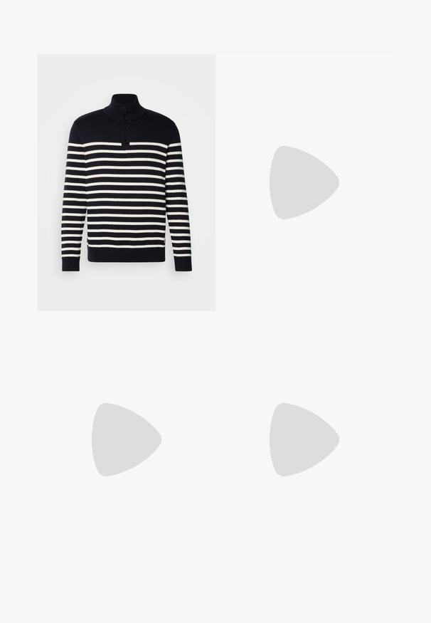 Jūras spēku un baltu svītrainu džemperi ar augstu apkakli, četru pogu aizdari, ribotām aprocēm un taisnu apakšmalu. Mīksta adīta tekstūra.; Balta kokvilnas krekla garajām piedurknēm ar pogām, kura dizainā ir klasiskā apkakle, priekšējās pogas un minimālistiska šuvju detaļa.; Zilā denima bikses ar augstu jostasvietu, taisnas kājas dizainu un vieglu nolietojumu. Satur klasisku piecu kabatu stilu un ar rāvējslēdzēju aizdari.; Baltas sporta apavi, kas izgatavoti no sieta un zamšāda, ar teksturētu starpzoli, teksturētām akcentēm un "HUGO" logo sānos.; Zelta ķēdes kaklarota uzvilkta virs krēmkrāsas ribota džempera; mīksta tekstūra ar augstu apkakli un smalku rakstu audumā.