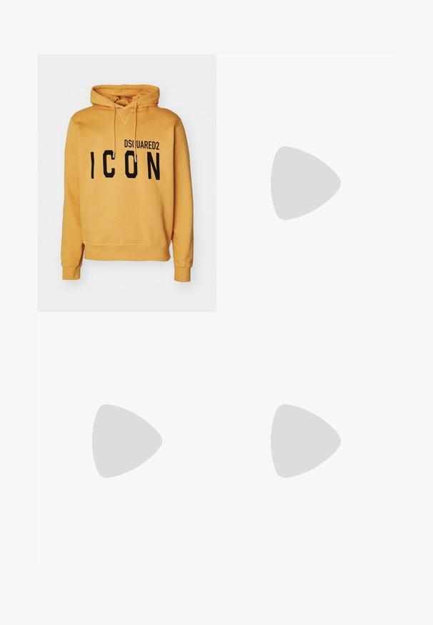 Žltá mikina s kapucňou a kengurím vreckom, s textom "DSQUARED2 ICON" v tučných čiernych písmenách na prednej strane a so šnúrkovými detailmi.; Tmavomodré denimové džínsy s rovnym strihom, ktoré sa vyznačujú svetlým vyblednutím, žltým prešívaním, prednými vreckami a zapínaním na gombík.; Biele a zelené tenisky vyrobené z semišu a kože, so zelenými pruhmi, bielymi šnúrkami a gumovou podrážkou. Naštýlované s modrými džínsami.; Prehnané čierne slnečné okuliare so gradientnými fialovými sklami, lesklým povrchom a zlatými akcentmi na ráme. Rám je obdĺžnikového tvaru.