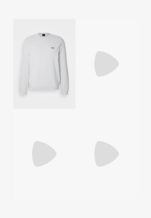 Balta crew neck džemperis, izgatavots no strukturēta dzijas auduma. Tam ir mazs melns "BOSS" logo krūtīs un ribota apkakle un apkakles mala.; Melnā T-kreklu ar īsām piedurknēm, kas izgatavots no mīksta auduma, ar apaļu kakla izgriezumu un diskrētu logotipu priekšpusē. Iekšējā apkakle ar oranžu akcentu.; Melnas šauras piegriezuma džinsi ar piecām kabatām, pogu aizdari un jostu cilpām, attēloti uz baltas fona.; Krēmkrāsas sporta apavi ar gludu tekstūru, ar melniem akcentiem un zīmolu. Klasisks aukliņu dizains ar apaļu purngalu un gumijas zoli.