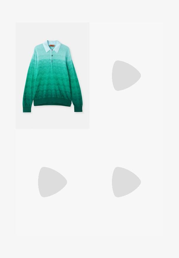 Knit polo shirt with a gradient pattern from light teal to dark green, featuring a ribbed collar, three buttons, and long sleeves.; Navy button-up shirt with a zigzag pattern, long sleeves, standard collar, and buttons along the front. Textured fabric finish.; Henrik Vibskov DRAWSTRING PANTS - Trousers - tropical black; Black leather loafers with a rounded toe, low heel, and thick, textured rubber sole. Features a stitched accent and a small logo on the side.