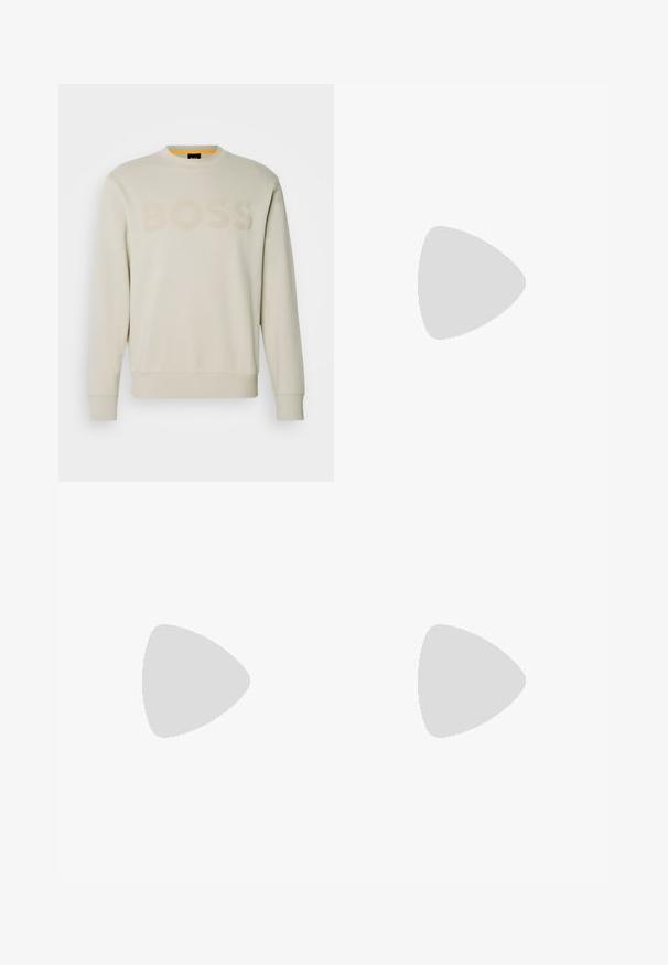 Sudadera color crema con cuello redondo acanalado, que presenta un logo "BOSS" tonal en la parte frontal y puños y dobladillo acanalados.; Pantalones beig confeccionados en una tela suave, con un ajuste estándar, dos bolsillos laterales y un cierre de botón en la cintura.; Zapatilla alta beige con cuello de malla marrón claro, talón acolchado, cierre de cordones en la parte delantera y logo "HUGO" en el costado.; Gafas de sol negras y doradas de forma cuadrada, con montura metálica, lentes gris oscuro y puntas de patilla negras. Presentan un diseño de doble puente.