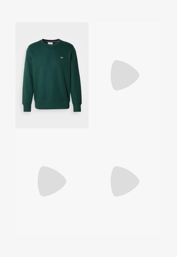 Green sweatshirt made from soft fabric, featuring a round neckline and long sleeves. Small embroidered logo on the chest. Elastic cuffs and hem.; Black t-shirt made of cotton, featuring a crew neck and short sleeves. Embroidered logo "EA7 EMPORIO ARMANI" in white on the front.; Black athletic pants made of smooth fabric, featuring an elastic waistband and cuffs, and a contrasting logo printed on the side.; White sneaker with a smooth leather upper and a low profile. Features a rounded toe, six eyelets, and a textured rubber sole.