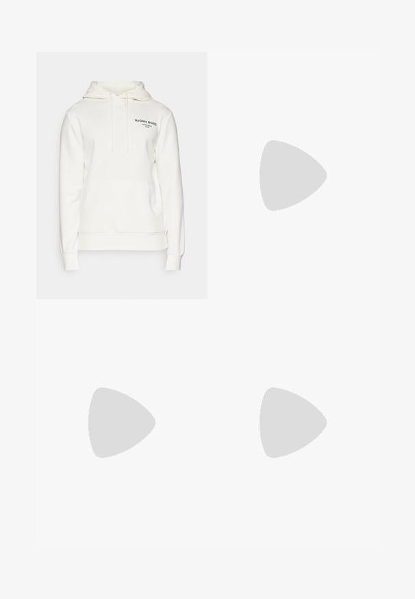 Björn Borg ESSENTIAL HOODIE - Mikina s kapucňou - cloud dancer; Biela bavlnená tričko s zeleným nápisom "ADIDAS", má zaoblený výstrih a krátke rukávy. Pod logom je text "TENNIS CLUB".; Biele športové šortky s elastickým pásom a nastaviteľnou šnúrkou. Hladká tkanina s jemnou textúrou, s bočnými vreckami.; Ľahké bežecké topánky v svetlomodrej farbe s čiernymi pruhmi. Majú hladký zvršok, okrúle špičky a hrubú bielu medzipodrážku označenú "LIGHTSTRIKE PRO."