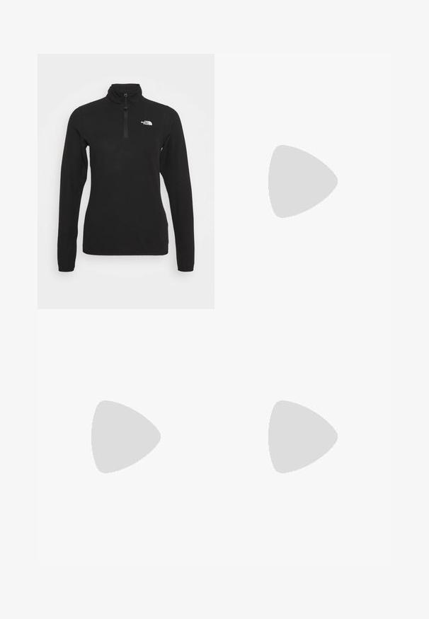 The North Face 100 GLACIER 1/4 ZIP - Fleecetröja - black; Svart långärmad t-shirt i bomull med rund hals. Har en liten vit logotyp på vänster bröstområde. Enkelt design och passform.; Svarta nylonbyxor med avtagbara ben, justerbara muddar, flera fickor och en logotyp på högra benet. Slät, lätt textur.; Beige och krämfärgad atletisk sko med texturerad meshovandel, stöttande överdrag och gummisulor med ett mönster för grepp.
