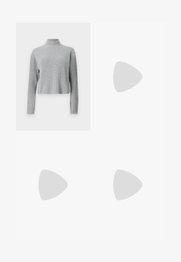 Gray ribbed turtleneck sweater with long sleeves, cropped hem, soft texture, and a fitted design. No visible hardware or patterns.; Classic blue denim jeans with a straight-leg design, five pockets, and a button closure. Features a medium wash and sturdy texture.; White leather sneaker with beige suede accents, perforated toe box, flat laces, and a textured cream sole. Features subtle branding on heel.; Black faux leather handbag with a crocodile texture, cinched top, and a scrunched strap. Appears soft and compact in design.