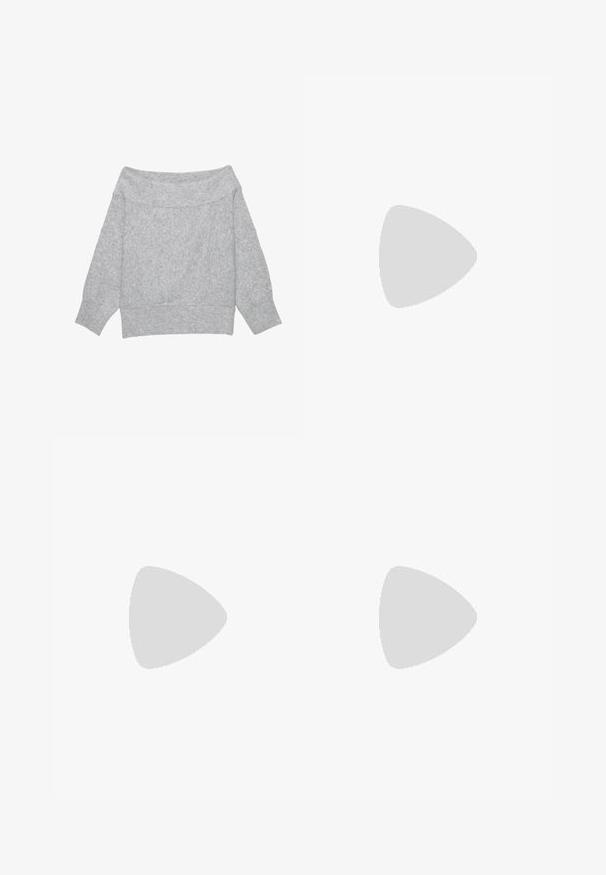 Lichtgrijze gebreide trui met wijde hals die van de schouders af valt, lange mouwen en geribbelde boorden aan mouwen, zoom en brede halslijn.; Zwarte wijde broek met hoge elastische tailleband, zachte stof en een losse pasvorm, geschikt voor casual wear of ontspannen omgevingen.; Zwarte Adidas Superstar sneaker met witte strepen, schelpneus en 'Superstar' tekst aan de zijkant, afgebeeld in zijaanzicht op een witte achtergrond.; Rechthoekige bril met een schildpadpatroon, zwart kunststof montuur en transparante glazen. Voorzien van dunne pootjes en een lichte buiging aan de uiteinden.; Hobo tas in zacht beige suede met een slungelige vorm, brede schouderband en een handgestikte naad langs de voorkant.