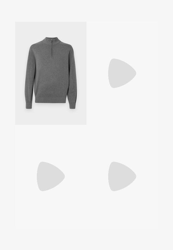 Grauer Pullover mit hohem Hals und einem halblangen Reißverschluss. Aus weichem Material gefertigt, mit gerippten Bündchen und Saum.; Grau Hahnentrittmuster-Hosen mit geradem Bein, ausgestattet mitFalten, einem Bund mit Knopfverschluss und Seitentaschen.; Beige Baumwollhosen mit verspielten, gestickten Motiven, darunter eine pinke Figur und bunte Blöcke, kombiniert mit schwarzen Schnürsneakern.; Graue Wildleder-Gürteltasche mit runder Form, zwei mit Reißverschluss verschlossenen Fächern und verstellbarem Trageriemen. Mit metallischen Hardware-Akzenten.