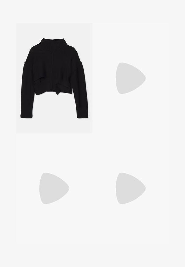 Pull noir court avec un col côtelé haut, des épaules tombantes et un ourlet avec des découpes. Fabriqué en tissu tricoté doux.; Pantalons plissé noirs à taille haute, coupe droite et texture lisse. Présente des poches latérales et un design minimaliste.; Escarpins en cuir noir avec un bout pointu et un talon moyen block. La tige présente une texture lisse, et l'intérieur est doublé de marron.; Sac en cuir noir avec un extérieur texturé, une forme froissée unique et une courte poignée. Dispose d'un seul compartiment principal.