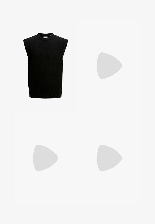 Suéter negro sin mangas con cuello redondo, hecho de tejido texturizado, que presenta un dobladillo y sisas acanalados. Diseño simple y minimalista.; Pantalones grises con cintura elástica y cordón ajustable. Diseño de pierna recta, fabricados en un tejido suave, con costuras mínimas y sin hardware visible.; Zapato de vestir de cuero negro con un acabado liso, puntera redondeada, diseño de cordones y suela de goma discreta para mayor tracción.; Riñonera de ante gris con forma redondeada, dos compartimentos con cremallera y correa ajustable. Presenta acentos de metal.