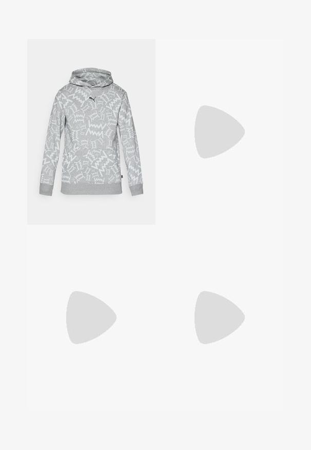 Lys grå hættetrøje med hvide abstrakte zigzag-mønstre og et sort Puma-logo på brystet, der har en frontlomme og ribbede manchetter.; Grå bomulds-loungebukser med elastisk talje, snor og to sidelommer; lige ben-design, blød tekstur, uden mønstre.; Tan nubuck ankelstøvle med sort polstret krave, gyldne metaløjer, hvid syning detaljer og robust gummisål med udtalte slidbaner.; Solbriller med en slank, lys grå plastikramme, indpakningsdesign, mørke linser og en glat overflade. Har minimal branding på siden.