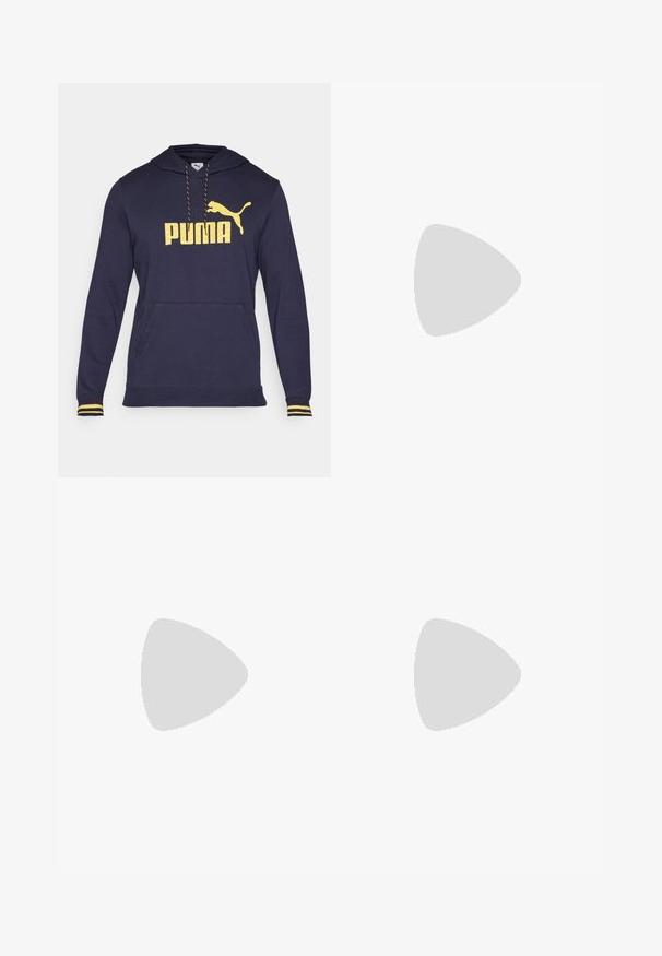 Námornícká mikina vyrobená z bavlneného zmesi s prednou kengurovou vreckom. Obsahuje žlté logo "PUMA" a akcenty na manžetách. Kapucňa so šnúrkou.; New Balance SPORT ESSENTIALS SINGLET - Top - blue gemstone; Svetloružové teplákové nohavice s viazaním, s elastickým pásom, s manžetami na členkoch, bočnými vreckami a malým logom na ľavom stehne.; Svetlo modrá bežecká obuv s čiernym logom, hrubou bielou podrážkou a čiernym vnútorným podšitím, zobrazená z boku na bielom pozadí.