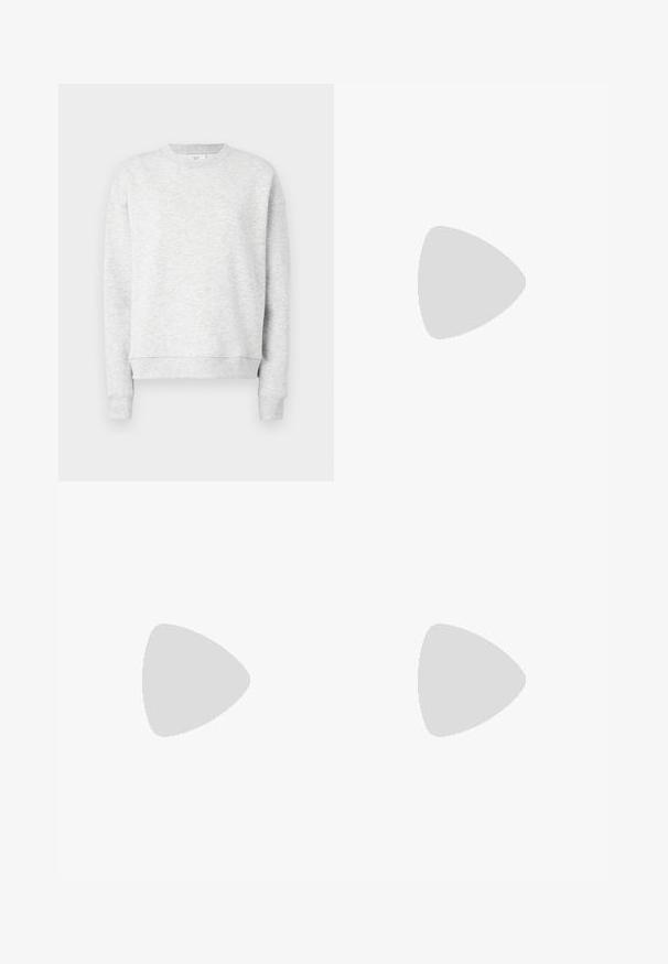 Light gray sweatshirt with a crew neckline, ribbed cuffs, and hem. Made of soft, textured fabric with a relaxed fit and subtle speckled pattern.; Light blue, high-waisted jeans made of denim. Feature wide legs, two torn knee areas, and classic five-pocket styling.; White high-top canvas sneaker with black rubber sole, front rubber toe cap, and six eyelets for laces, featuring a clean, minimalist design.; Red leather handbag with an angular, geometric design. Features a single adjustable strap and a flap closure with stitched detailing.