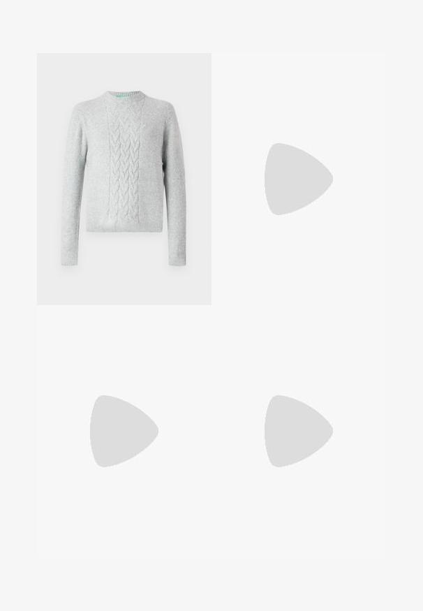 Light gray knitted sweater with cable knit pattern on chest, round neck, long sleeves, and ribbed cuffs and hem. Smooth texture, minimal branding.; White short-sleeve t-shirt with black accents. Features "REPLAY FC" logo and "Highpeformance" text in a sporty font. Made from a smooth material.; Black denim jeans with a straight-leg cut, featuring five pockets, a button closure, and subtle fading along the fabric.; Replay FIELD MELT 25 - Trainers - black