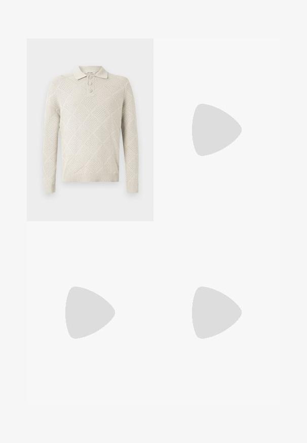 Light beige knitted polo sweater featuring a diamond pattern, three-button placket, and ribbed cuffs and hem.; Light blue denim jeans with high waist, front button, zipper, and five-pocket design, laid flat on a neutral background.; White sneaker with black and gray accents, featuring a textured gray toe cap, black rubber sole, and flat white laces. Clean design, minimalist style.; Gray suede fanny pack with a rounded shape, two zippered compartments, and adjustable strap. Features metal hardware accents.