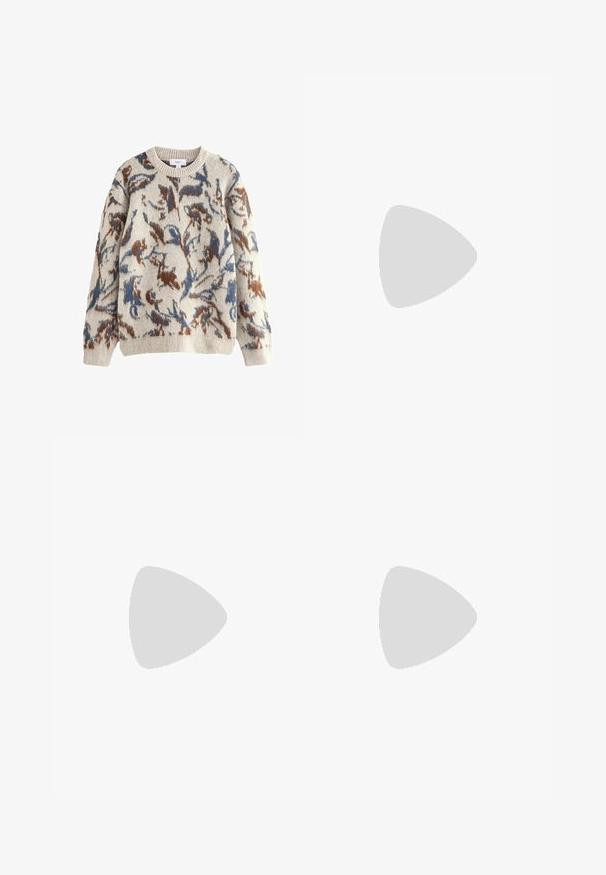 Cremfarbener Pullover mit einem abstrakten floralem Muster in Blau und Braun, ribbelt einem Rundhalskragen und langen Ärmeln. Weicher Textur.; Junge Person mit geflochtenem Haar, die ein hellgraues Nike-T-Shirt und schwarze Nike-Shorts trägt, vor einem einfarbigen weißen Hintergrund.; Beige Cargo-Hosen aus leichtem Baumwollmaterial. Mit elastischen Bündchen, mehreren Seitentaschen und einem Knopfverschluss.; Weiße Leder-Sneaker mit Perforationen, runder Zehenpartie, flacher Sohle und dicken Schnürsenkeln, mit sichtbar eingesticktem Swoosh-Logo und "AIR" an der Ferse.