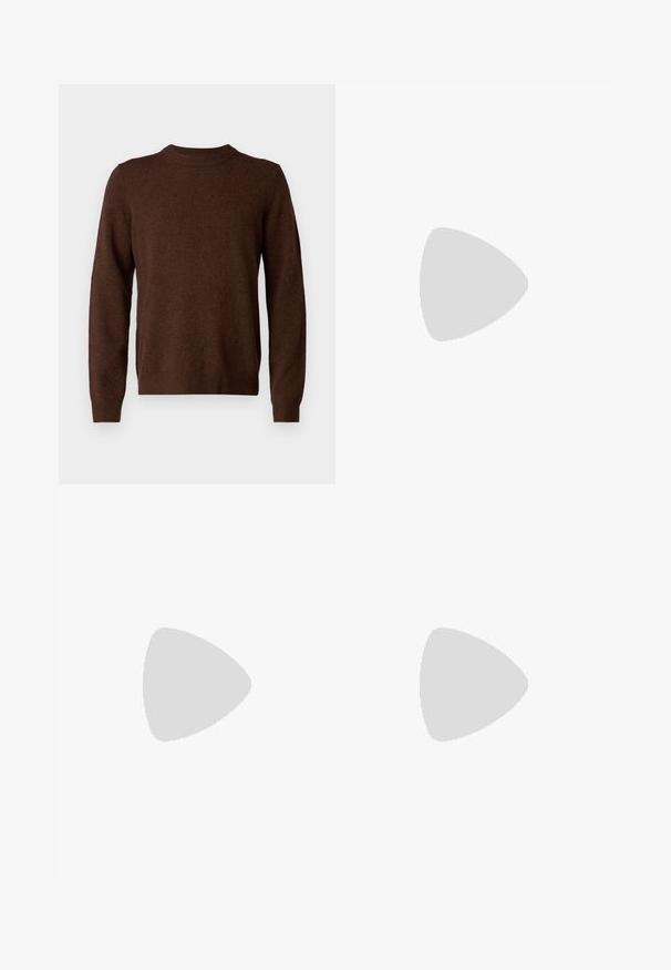 Samsøe Samsøe ISAK SWEATER - Jersey de punto - chocolate torte; Pantalones negros ajustados con corte recto, hechos de tejido suave. Presentan trabillas y detalle de pliegue en la parte frontal.; Zapatillas de cuero blanca con un acabado suave, punta redondeada, cordones planos y una suela texturada. Acento de ante gris en el talón.; Gafas de sol de plástico transparente con lentes marrones rectangulares, que cuentan con finas varillas transparentes y acentos metálicos en las patillas.