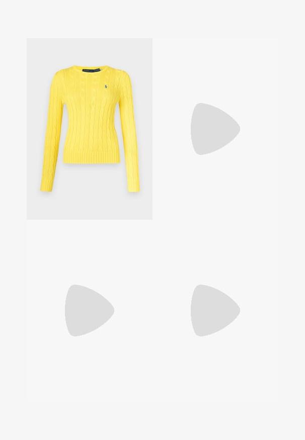 Dzeltena adīta džempera ar garām piedurknēm, apaļu kakla izgriezumu un ribots apakšējais malas. Uz krūtīm neliela zila logo.; Melnas piegriezuma bikses ar augstu jostasvietu, priekšā ar krokām, taisna kāju dizains un ar aprocēm. Izgatavotas no gludas auduma.; Melni un pelēki rakstaini sporta apavi ar baltu gumijas purngali, ar saistīšanas dizainu un tekstūrētām melnām akcentēm malās.; Melnas ādas crossbody soma ar divām priekšējām kabatām, zelta sprādzēm, ar rāvējslēdzēju aizdari un šauru siksnu. Strukturēta virsma un kompakta taisnstūra forma.