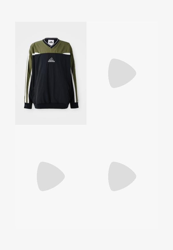 Adidas-pullover i svart och olivgrönt, med v-ringning, vita detaljer och en logotyp i mitten. Tillverkad av lätt material.; Beige, högmidjade byxor med rak passform, med platt framsida, sidofickor och en slät, texturerad tyg.; Svart läder snörskor med en slät finish, rund tå och en låg profil gummisula. Minimalistisk design utan ytterligare utsmyckningar.; Beige midjeväska med en slät matt yta, rektangulär form, justerbar svart rem och en framficka med dragkedja. Märkt med "PIER ONE."
