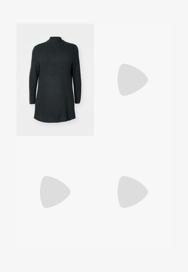 Dark green, ribbed knit long-sleeve tunic with a high neckline and a relaxed fit. Features a straight hem and side slits at the bottom.; Black wide-leg trousers with front pleats, made from smooth fabric. Features a button closure and a tailored design.; White and silver Nike sneakers with mesh fabric, reflective accents, and a beige sole. Worn with black socks, standing on a blue surface.; Black rectangular sunglasses with dark lenses and thick matte frames. The arms are slightly tapered with a smooth texture.