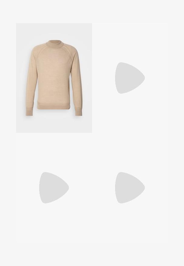 Beiger Pullover mit einem gerippten Stehkragen, langen Ärmeln und Raglan-Schulternähten, aus glattem Material gefertigt. Einfaches, sauberes Design.; Hellblaues Baumwoll-T-Shirt mit Rundhalsausschnitt, ausgestattet mit einem in der Mitte eingestickten navyfarbenen quadratischen Logo und kurzen Ärmeln.; Schwarze, maßgeschneiderte Hosen aus glattem Stoff. Mit einem schmalen Reißverschluss, zwei Seitentaschen und geraden Beinen. Minimalistisches Design ohne Muster.; Weiße Ledersneaker mit beigen Wildlederakzenten, runder Zehenform, Schnürvorderseite und brauner Gummisohle, die den Markennamen "BOSS" zeigt.; Braune Leder-Duffel-Tasche mit Reißverschluss, doppelten Griffen, verstellbarem Schultergurt und sichtbaren Texturmuster auf der Oberfläche.