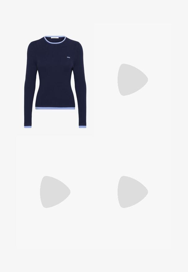 Navy ribbed long-sleeve sweater with a light blue round neckline and cuffs. Features a small, embroidered logo on the chest.; White wide-leg trousers made of lightweight fabric, featuring a smooth texture, clean lines, and a high waist design.; Black leather high heel shoe with a pointed toe, smooth texture, and a tapered heel. Minimalist design, no additional embellishments.; Black leather shoulder bag with a soft texture, triangular shape, and adjustable strap, paired with a light blue striped shirt and white pants.