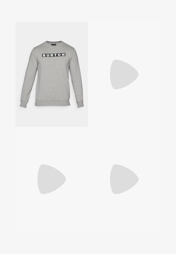 Burton VAULT CREW - Ikdienas džemperis - gray heather; Balts sporta T-krekls ar īsām piedurknēm, izgatavots no mitrumu absorbējoša auduma. Tam ir melns logo kreisajā krūtī un rakstains iekšējais apkakles piegriezums.; Melnas sporta bikses ar stiepjas jostu, baltām sānu svītrām un mazu baltu logo uz augšstilba. Izgatavotas no gludas, vieglas materijas.; Melnas sporta kurpes ar teksturētu acu augšdaļu, baltām akcentu svītrām, mīkstu zoli un pastiprinātu papēdi atbalstam.