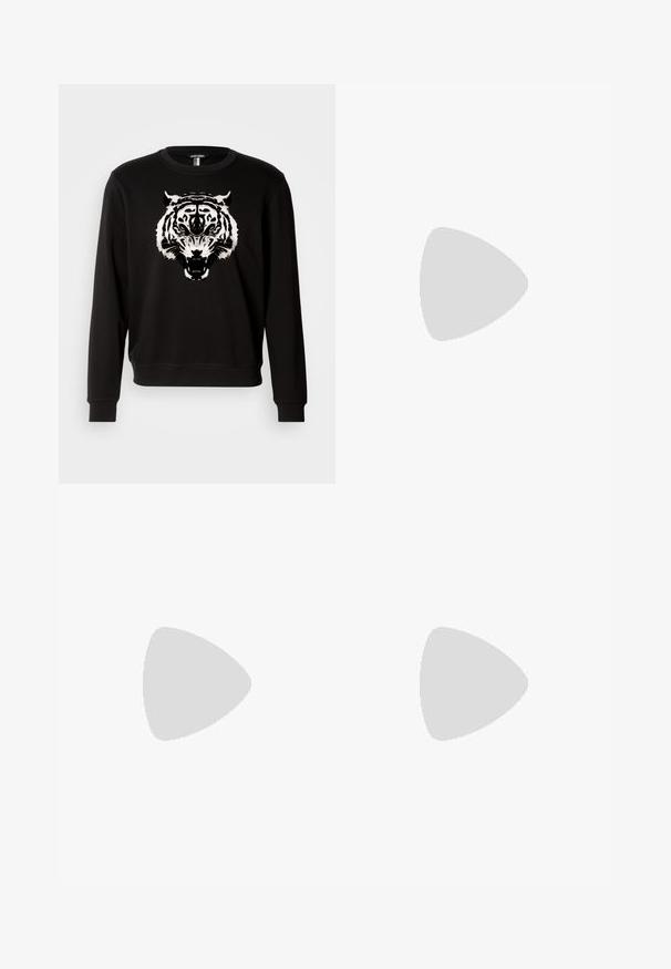 Black sweatshirt with long sleeves featuring a large white tiger graphic on the front. Made of cotton with a classic crew neck design.; Black cotton t-shirt with short sleeves and round neckline featuring a Coca-Cola logo graphic in white and a rectangular accent.; Light beige trousers with an elastic waistband, adjustable drawstring, and tapered legs. Fabric appears smooth with a slight sheen.; Black leather loafers with a rounded toe, featuring a stitched design, low platform sole, and a textured, lugged rubber outsole.