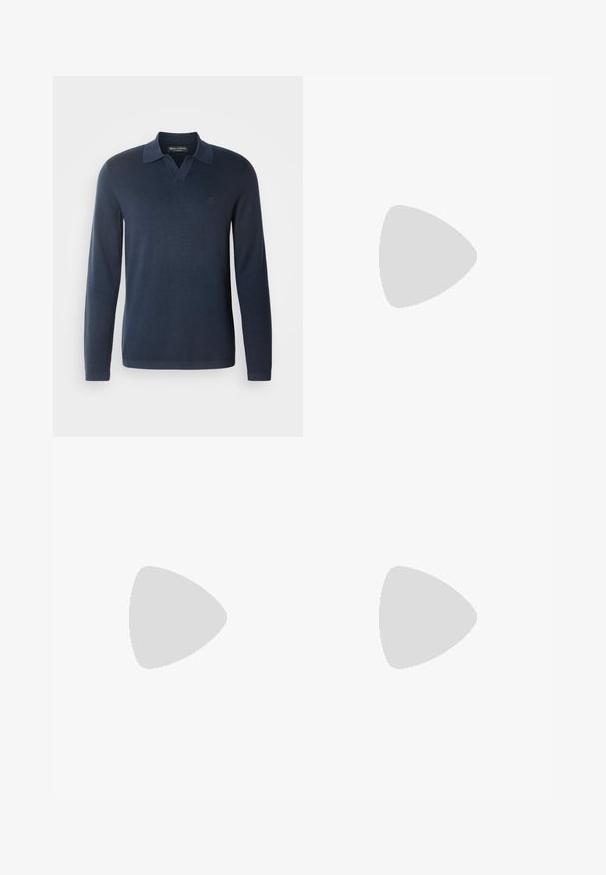 Tumes sinine pika varrukaga polo särk pehmest tekstureeritud materjalist. Omab V-kaelust ja diskreetset tikandiga logo rinnal.; Tume sinine denimist valmistatud sirge lõikega teksad, viie tasku disain, metallnupuga sulgur ja kontrastne õmblemine, omades peent tekstuuri.; Halli ja valge tennis鞋, millel on nubuk- ja nahkdetailid, ümar varvas, lamedad nöörid ning kummist tald, millel on kola aktsent.; Pruunid ristkülikukujulised prillid tumedate läätsedega, plastikkonstruktsiooniga ja metallaktsentidega külgedel. Omavad sujuvat disaini ja pehmet tekstuuri.