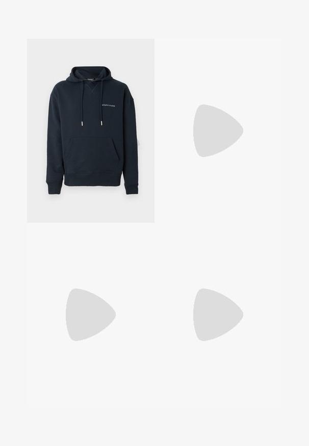 Navy blue hooded sweatshirt made of cotton, featuring a kangaroo pocket and white printed logo on the chest, with silver drawstring accents.; Long-sleeved white cotton shirt with a round neckline, side slits at the bottom, and a smooth texture, displayed from the back.; Light blue denim jeans with a straight-leg design, five pockets, button closure, minimal fading, and contrasting stitching details.; White sneaker with a smooth leather upper and a low profile. Features a rounded toe, six eyelets, and a textured rubber sole.